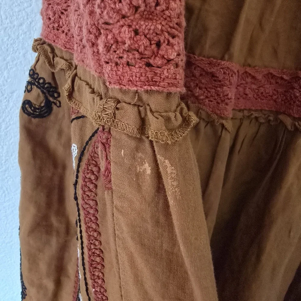LUCCA Brown Cotton Tiered Midi Skirt Embroidered Paisley Crochet‎ Lace Small - Picture 11 of 11